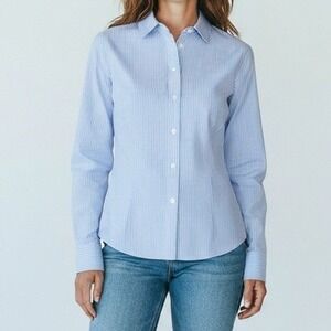 Faconnable Women Shirt Blue 6 Stripe Cotton Silk Button Down Business Chic